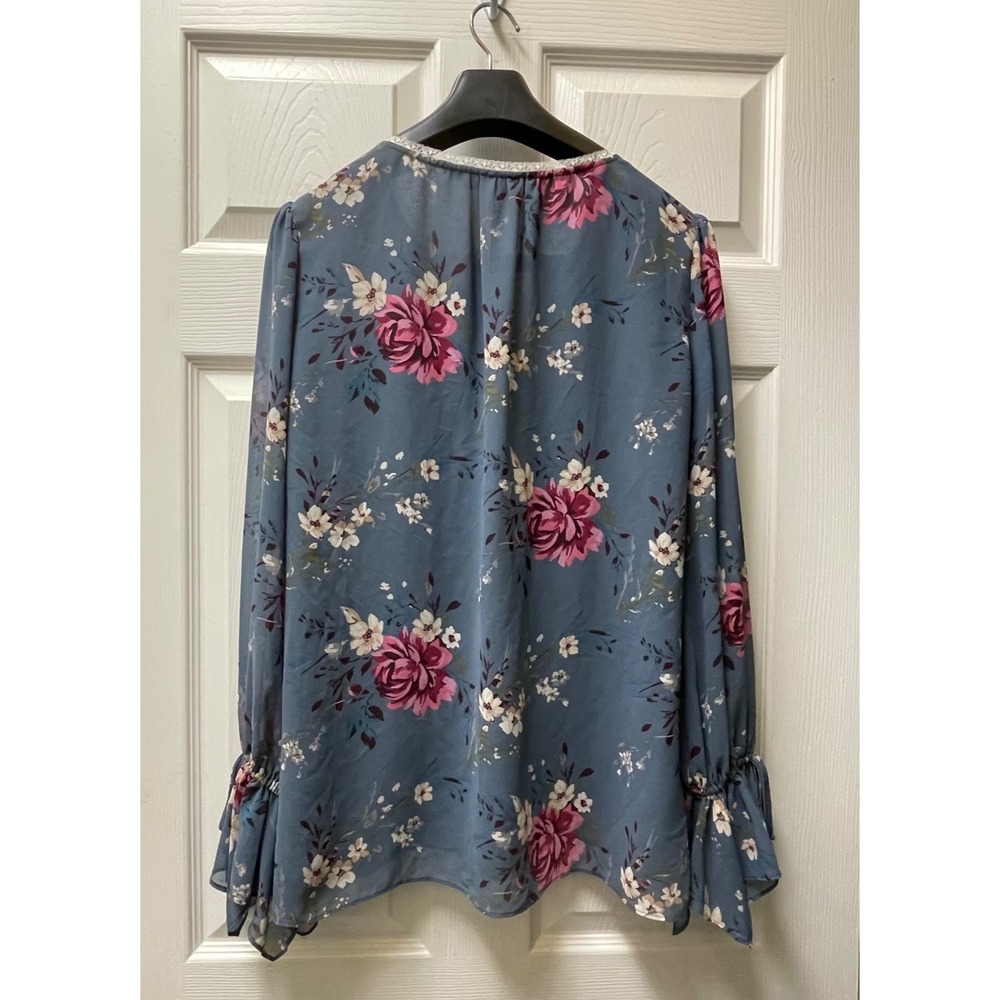 White House Black Market Floral Lace‎ Trim Blouse Women's Size 14 Long Sleeve - Picture 5 of 16